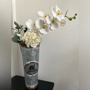 Faux Orchid Flower Arrangement With Rustic Vase 22” H.